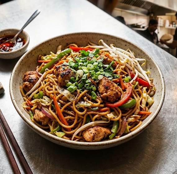 Chicken chow mein noodles served at Dragon Palace Chinese restaurant on Portage Ave, Winnipeg