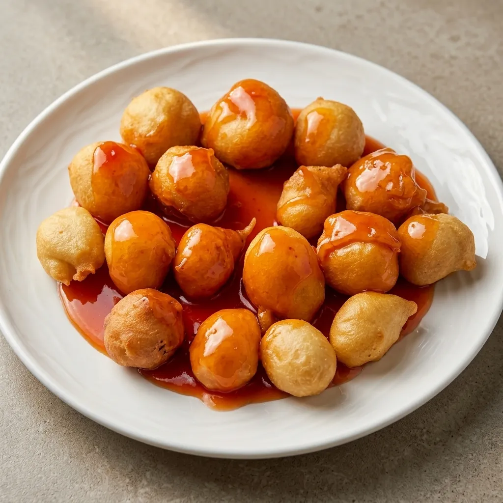 Sweet and sour chicken balls with dipping sauce at Dragon Palace in Winnipeg, MB